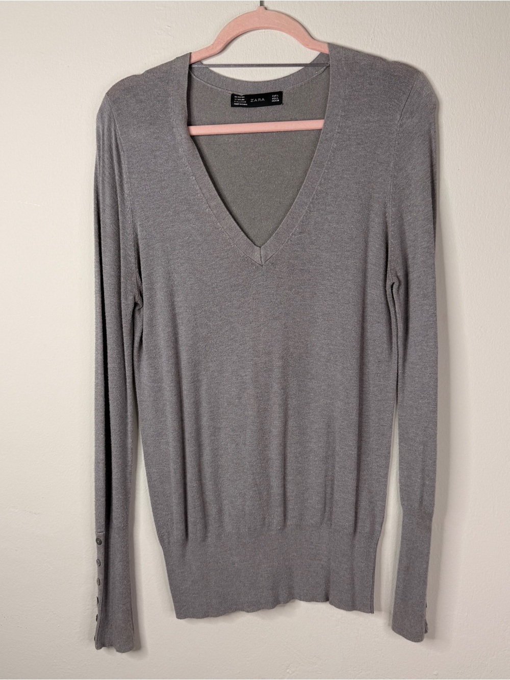 Zara Gray V-Neck Long Sleeve Sweater Button Cuff Detail Size L